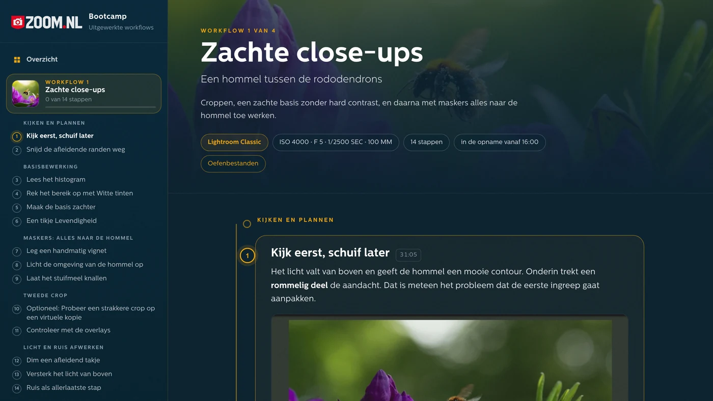 De uitgewerkte workflows: workflow 1 met de stappen in het zijmenu en de schermbeelden erbij